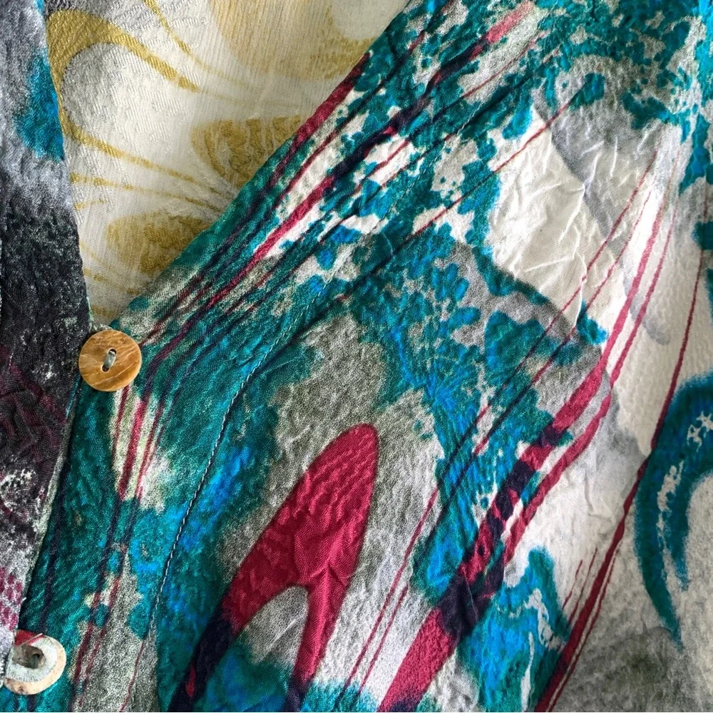 CITRON Santa Monica watercolor print blouse button up top silk XL shirt abstract - Picture 5 of 9